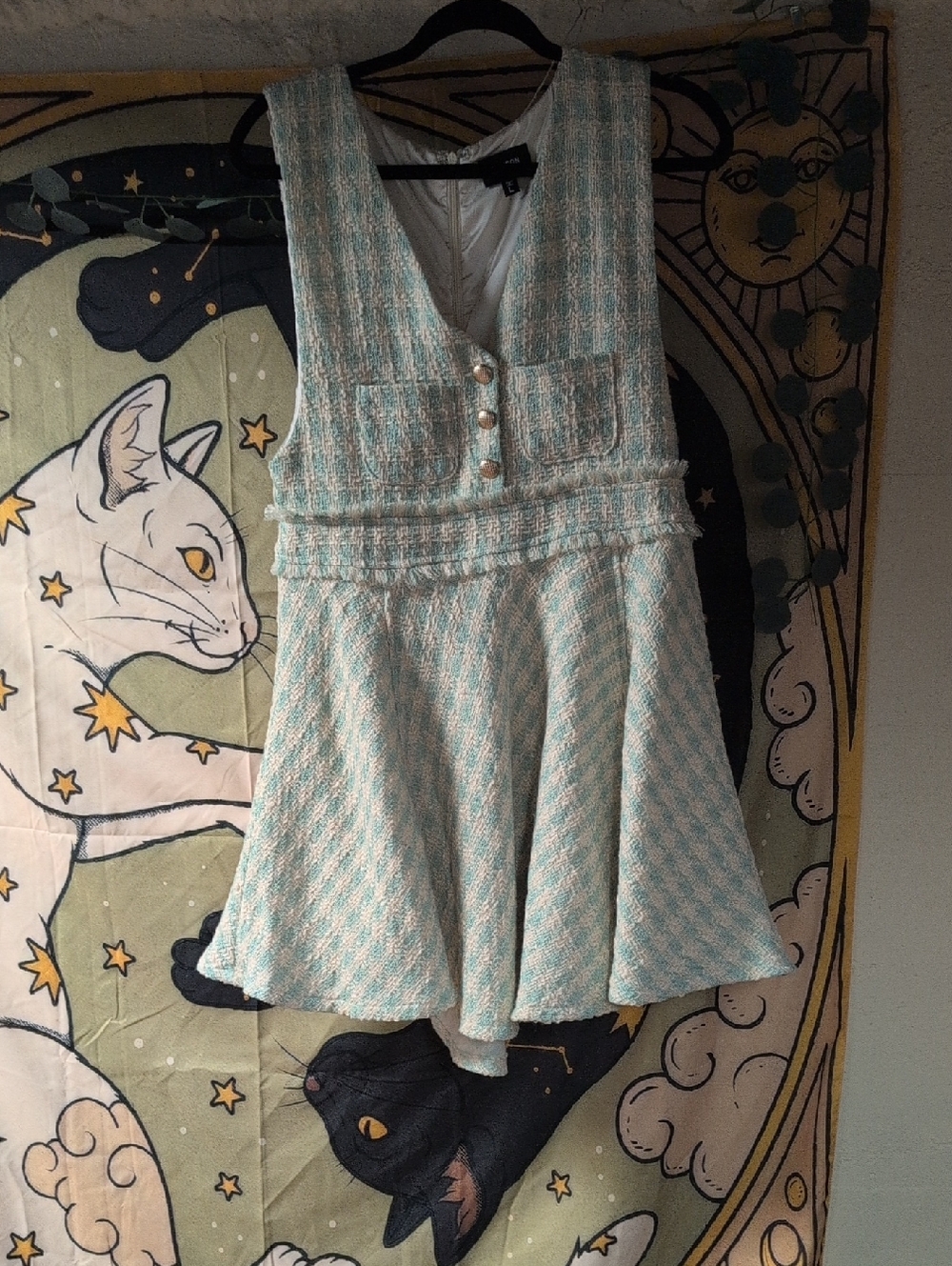 Sleeveless Tweed Mini Dress in Light Blue and Cream